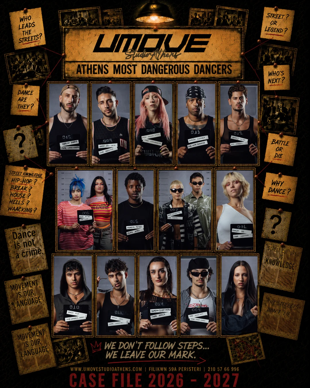 UMOVE Studio Athens 2026–27 teacher lineup poster featuring all 15 teachers