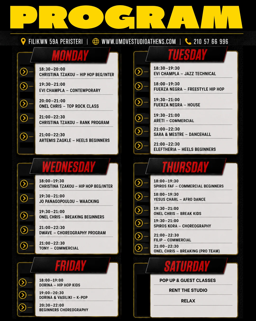 UMOVE Studio Athens 2026–27 weekly program poster, Monday through Saturday